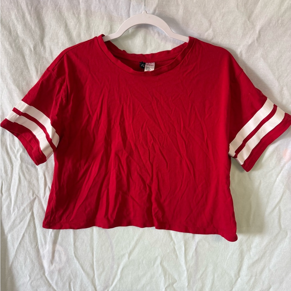 Red Cropped T-Shirt with White Stripes
